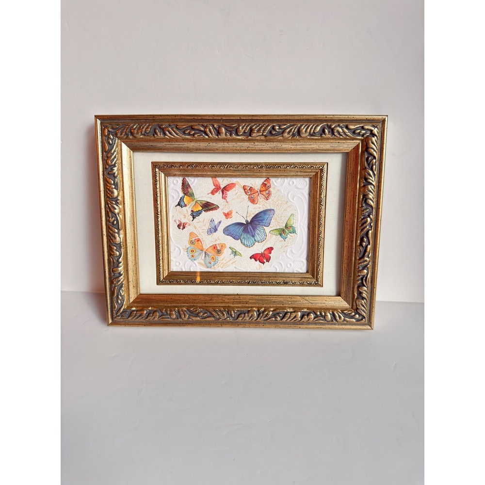 Vintage Style Butterfly Botanical Art Print in Ornate Gold Gilt Picture Frame